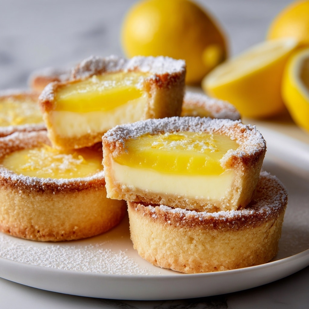 The image shows several round tarts on a white plate, set on a white marbled surface. Each tart has a golden, slightly crispy crust with a dusting of powdered sugar on top. One of the tarts is cut open, revealing two layers inside: a thick, smooth, yellow lemon filling and a creamy, lighter yellow custard layer beneath. The texture of the crust looks crumbly, and the lemon filling is glossy and soft. In the background, there are some whole lemons and lemon slices, slightly out of focus. Photo taken with an iphone --ar 4:5 --v 7