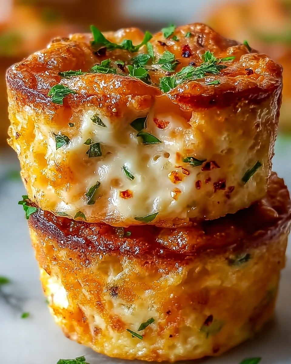 The image shows a close-up of two golden brown, crispy layered egg bites stacked one on top of the other. Each bite has an outer textured layer that looks crispy and slightly browned, with melted cheese and finely chopped green herbs like parsley or chives visible inside and oozing out between the layers. The top bite shows a sprinkling of red spices and green herbs on its surface. The background has a soft focus with a white marbled surface barely seen beneath the bites. photo taken with an iphone --ar 4:5 --v 7