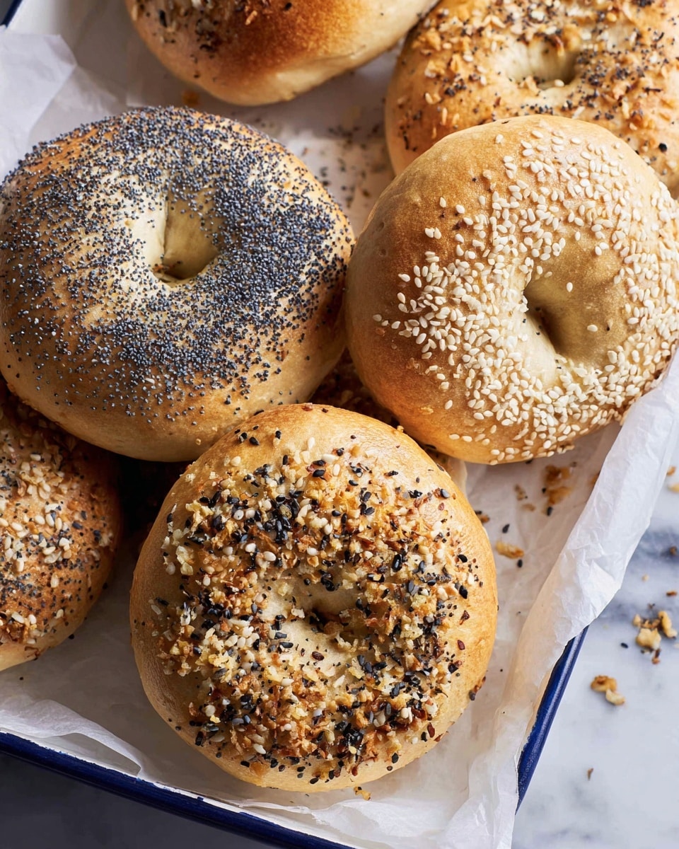 A close-up image shows four round bagels on white parchment paper inside a white tray with a dark rim, placed on a white marbled surface. The bagels have a smooth golden-brown crust; two are sprinkled with black poppy seeds, one with white sesame seeds, and one with a mix of white sesame seeds, black seeds, and spices. The bagel in the center front has a swirl shape with the mixed seed topping, showing a slightly textured and fluffy bread inside the swirl. Small seed crumbs are scattered around the bagels and tray. photo taken with an iphone --ar 4:5 --v 7