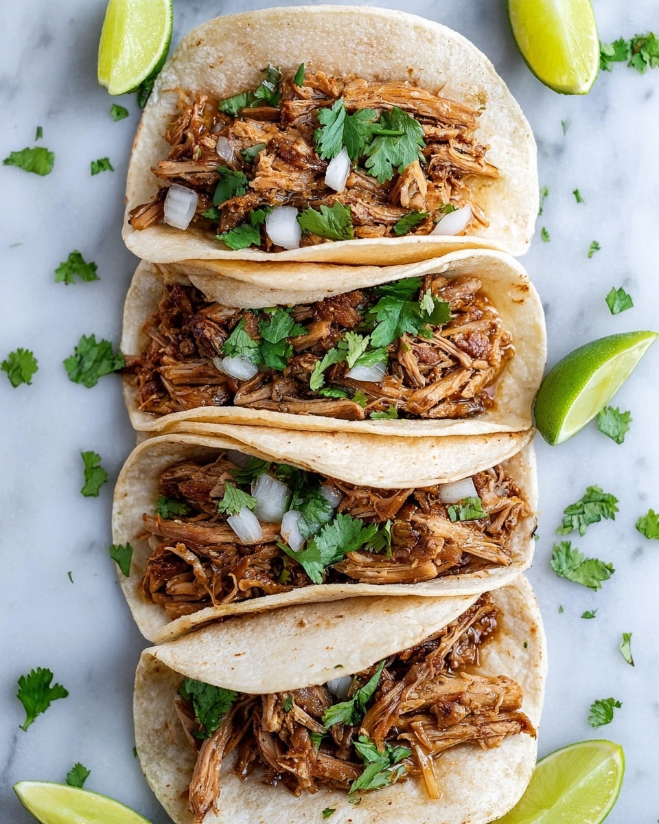 Four soft, light beige corn tortillas are laid in a vertical row on a white marbled surface, each folded in half to hold the filling. Inside each tortilla is a generous layer of shredded, browned meat with a slightly crispy texture on some parts. Scattered atop the meat are small chunks of white onion and fresh, bright green cilantro leaves, adding a fresh contrast to the warm tones of the meat. Around the tacos, lime wedges and loose cilantro leaves dot the white marbled background, adding bursts of green. The setup is simple, focused, and appetizing. photo taken with an iphone --ar 4:5 --v 7