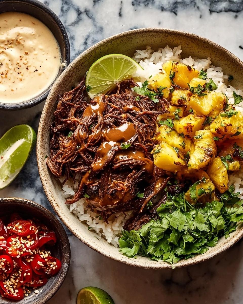 A white bowl filled with a base layer of white rice, topped with a large portion of dark brown shredded meat drizzled with light brown sauce. Next to the meat are bright yellow grilled pineapple chunks mixed with chopped green herbs, and a generous layer of fresh green cilantro leaves covering the side. A lime wedge sits on the rice near the cilantro. Two small bowls with light creamy sauce and red diced ingredients with sesame seeds are placed next to the bowl on a white marbled surface. Photo taken with an iphone --ar 4:5 --v 7