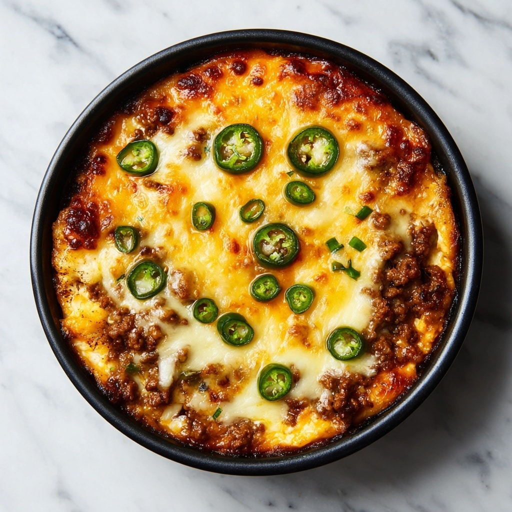 A round black dish filled with a layered baked dish showing melted golden yellow and white cheese on top, scattered with green sliced jalapeños. Beneath the cheese, a mix of brown beans and ground meat can be seen, creating a textured and hearty base. The dish has a thick, gooey look with a mix of smooth and chunky textures. The background is a white marbled texture. Photo taken with an iphone --ar 4:5 --v 7