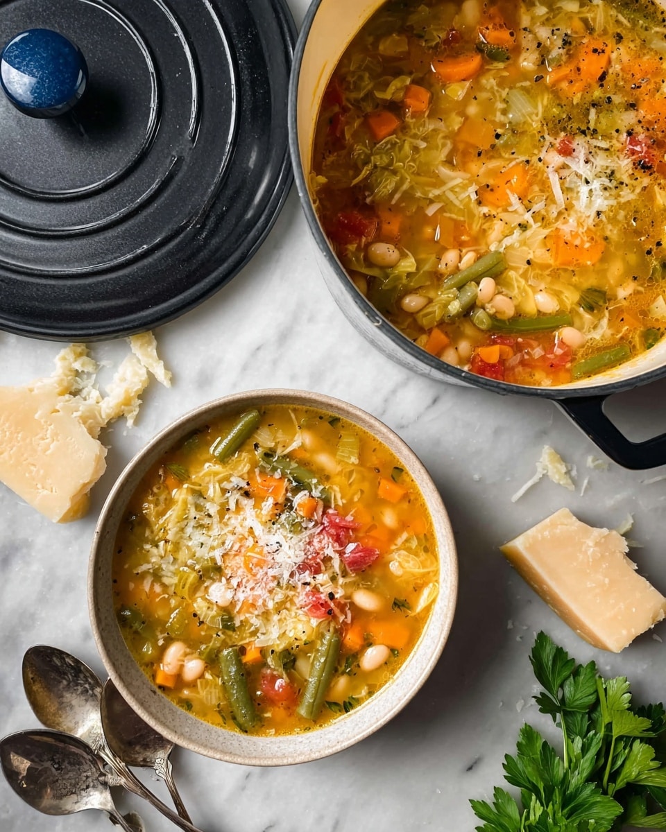 The image shows a bowl filled with vegetable soup, containing layers of small diced orange carrots, green beans, white beans, red tomato pieces, and shredded light yellow cabbage, all in a clear golden broth; the soup is topped with a sprinkle of black pepper and some grated white cheese that is slightly melted. Next to the bowl is a large white pot with black handles filled with the same soup showing the colorful vegetable pieces floating in the broth. Two vintage silver spoons rest beside the bowl on a white marbled surface, along with a black pot lid featuring a blue knob and pieces of light beige cheese scattered near a bunch of green parsley. Photo taken with an iphone --ar 4:5 --v 7