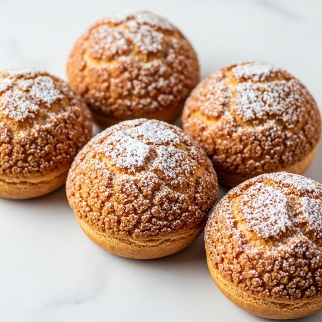 The image shows four round cream puffs with a rough, golden-brown crust that has a cracked texture. Each puff is lightly dusted with white powdered sugar, which highlights the cracks on top. The puffs are placed closely together on a white marbled surface. The lighting softly emphasizes the texture and golden color of the cream puffs. Photo taken with an iphone --ar 4:5 --v 7