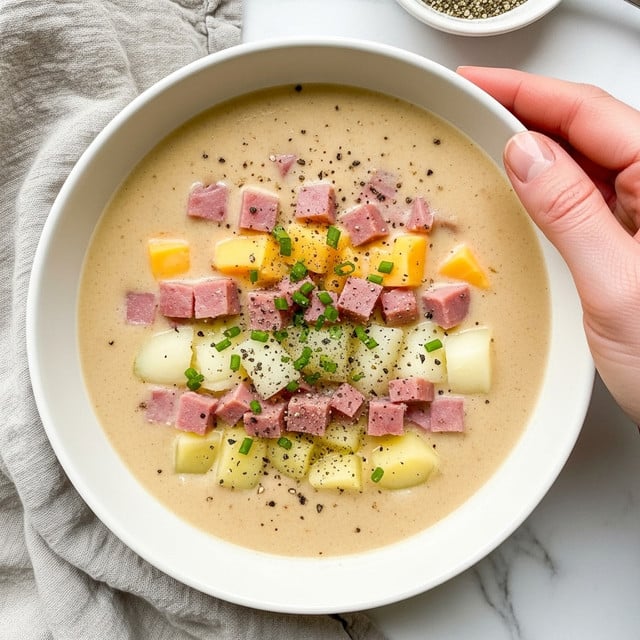 A white bowl filled with creamy soup sits on a white marbled surface with a soft cloth nearby. The soup has a smooth light beige base with chunks of white potatoes and pieces of pink ham scattered throughout. Small yellow bits of cheese float on top, along with finely chopped green chives adding a pop of color. There is a dash of black pepper sprinkled on the soup’s surface, making it look fresh and tasty. The scene is warm and inviting, with the soup looking thick and rich. Photo taken with an iphone --ar 4:5 --v 7