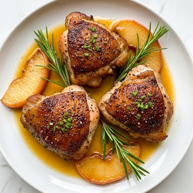 The image shows three pieces of cooked chicken thighs with a dark, crispy brown skin, speckled with black pepper and small green herb bits on top. They sit in a shallow layer of golden brown sauce that glistens under the light. Around the chicken pieces, there are soft, cooked apple slices with a warm caramelized brown color and smooth texture. Fresh green rosemary sprigs are placed on and around the chicken, adding a touch of bright green. The food is served on a white plate with a slightly raised edge, all set on a white marbled surface. photo taken with an iphone --ar 4:5 --v 7