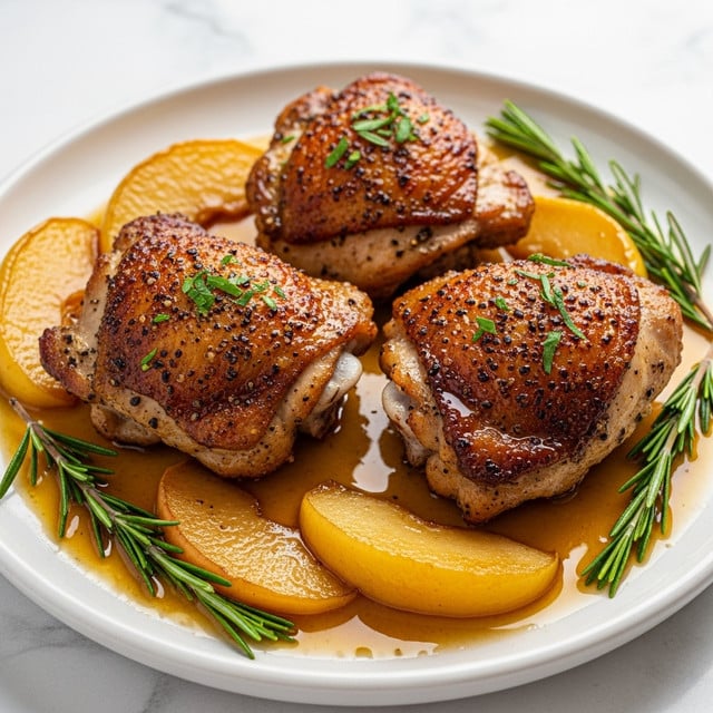 A close-up image of a dish consisting of three golden-brown chicken thighs with a crispy, seasoned skin, placed in a shallow pool of rich, glossy brown sauce. Around the chicken, there are thick slices of cooked apple or potato with a slightly caramelized surface, speckled with green herbs. Sprigs of fresh rosemary with deep green needle-like leaves lay across the top, adding a touch of vibrant color and freshness. The dish is served in a deep white bowl on a white marbled surface, with the focus on the textures of the juicy meat, the tender fruit or vegetable slices, and the shiny sauce. photo taken with an iphone --ar 4:5 --v 7