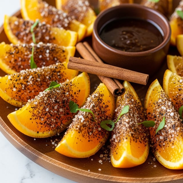 A close-up of orange wedges arranged in a circular pattern on a wooden plate, each wedge coated with a shiny glaze and sprinkled with a mix of dark spices and sugar crystals, garnished with small green herb pieces. Two cinnamon sticks rest on top near the center along with a small brown bowl of sauce in the background. The texture of the orange flesh is juicy and bright, contrasting with the rough spice coating. The surface beneath the plate is a white marbled texture. photo taken with an iphone --ar 4:5 --v 7