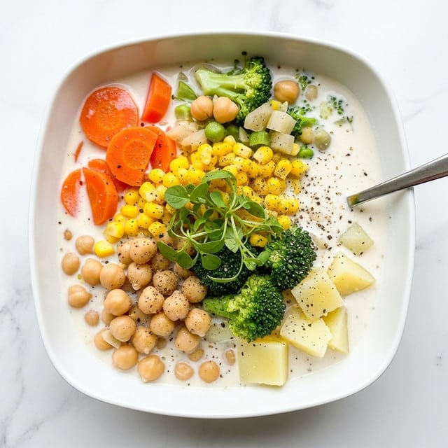 A white bowl filled with thick creamy soup showing three main layers of chunky vegetables: light orange carrot pieces, small bright yellow corn kernels, and soft beige potato chunks with skin, mixed with green broccoli florets and pale beige chickpeas in a smooth, creamy white broth, garnished with fresh green herb sprigs on top, black pepper specks scattered throughout, set on a white marbled surface with a silver spoon resting inside the bowl. Photo taken with an iphone --ar 4:5 --v 7
