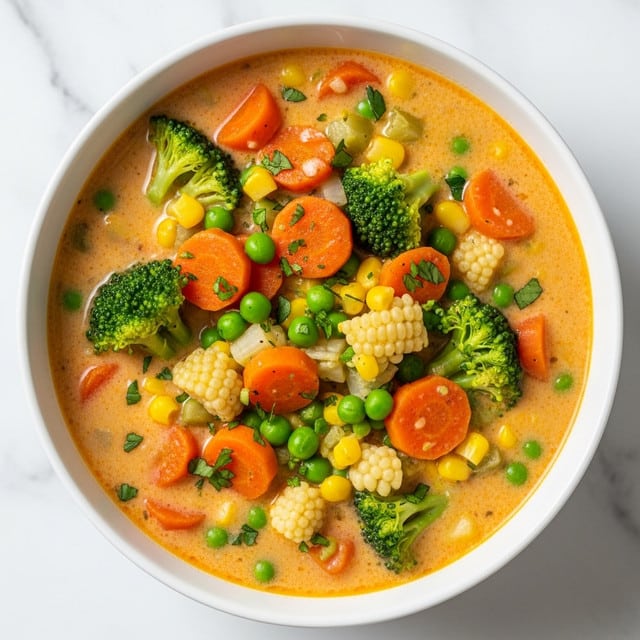 The image shows a creamy vegetable soup served in a white bowl filled almost to the top. The soup has a thick texture with a light orange color base and visible chunks of bright orange carrots, green broccoli florets, pale yellow corn, and green peas. There are small bits of fresh green herbs sprinkled evenly on top, adding a fresh touch. The soup looks warm and comforting against a white marbled background. photo taken with an iphone --ar 4:5 --v 7