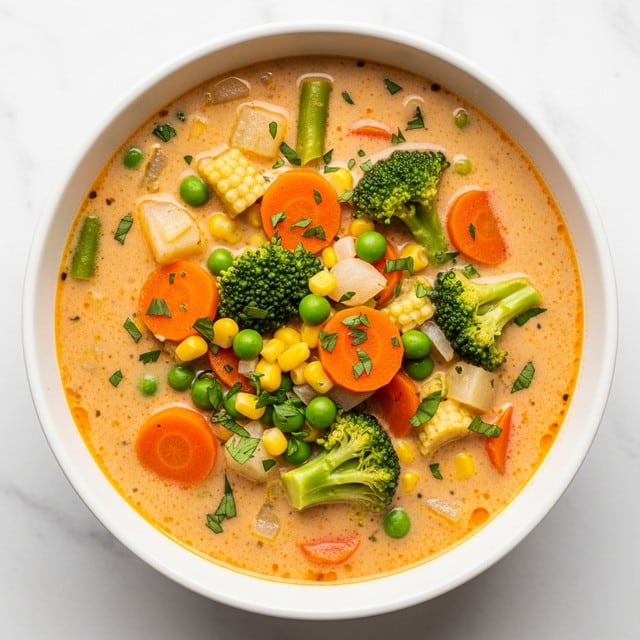 A white bowl filled with creamy soup featuring three main visible layers: the base is a thick, beige-yellow broth with a smooth texture; the middle layer consists of several chunks of bright orange carrots, green broccoli florets, and light yellow corn kernels scattered evenly throughout; the top layer is garnished with small pieces of fresh green herbs, finely chopped and spread across the surface. The bowl sits on a white marbled surface. photo taken with an iphone --ar 4:5 --v 7