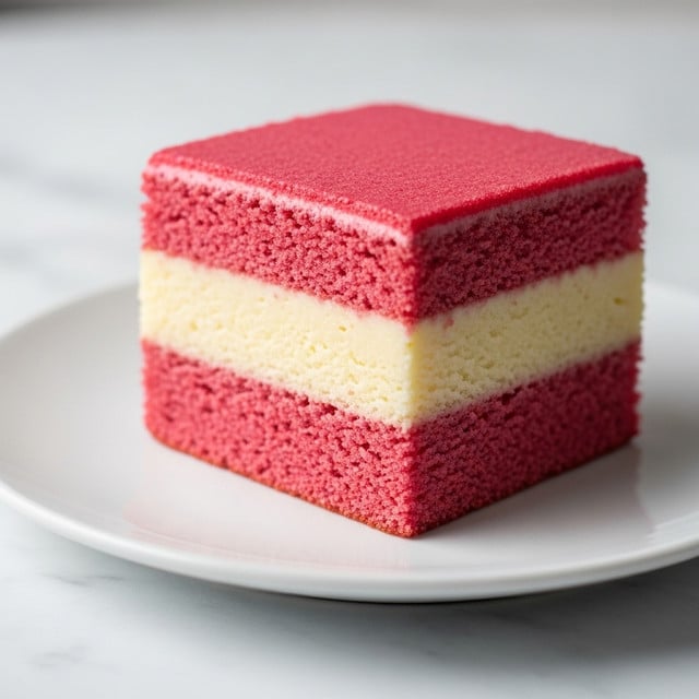 A three-layer square dessert stands on a white plate on a white marbled surface. The bottom and top layers are reddish-pink with a slightly crumbly texture. Between them are two smooth, creamy off-white layers stacked evenly. The colors contrast clearly, showing neat, straight edges on each layer. The background is bright and softly blurred. photo taken with an iphone --ar 4:5 --v 7