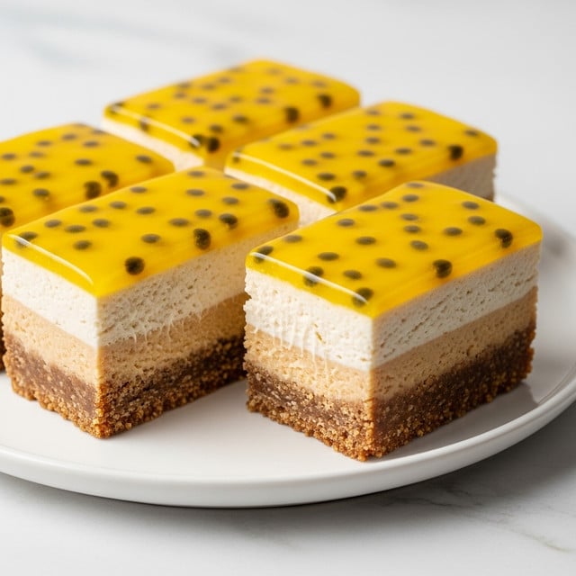 The image shows a dessert cut into rectangular slices on a white plate over a white marbled surface. Each slice has three visible layers: the bottom layer is a thick, crumbly brown crust, the middle layer is a smooth, creamy beige filling that looks soft and fluffy, and the top layer is a bright glossy yellow glaze dotted with small black seeds. One slice is slightly pulled out, showing the clear separation of these layers and the creamy texture of the middle part. Photo taken with an iphone --ar 4:5 --v 7