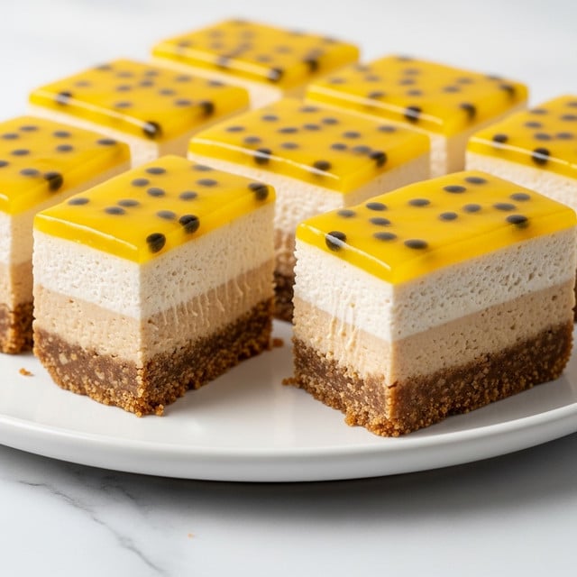 The image shows five rectangular slices of a layered cheesecake on a white rectangular plate placed on a white marbled surface. Each slice has three visible layers: the bottom layer is a dense, crumbly brown crust; the middle layer is thick and creamy pale beige cheesecake with a smooth texture and small holes; the top layer is a bright yellow glossy passion fruit jelly with black seeds scattered across the surface. One slice is set slightly apart from the others, showing the layers clearly from the side. The whole presentation is clean and vibrant with a fresh look. photo taken with an iphone --ar 4:5 --v 7