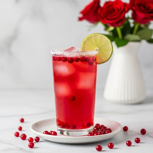 The image shows a tall clear glass filled with a bright red drink and ice cubes. The drink has small red berries floating inside and a salted rim around the top of the glass. A fresh lime slice is placed on the glass edge as a garnish. The glass sits on a small white plate, with scattered red berries on the white marbled surface around it. In the blurred background, there is a white vase holding red roses. photo taken with an iphone --ar 4:5 --v 7