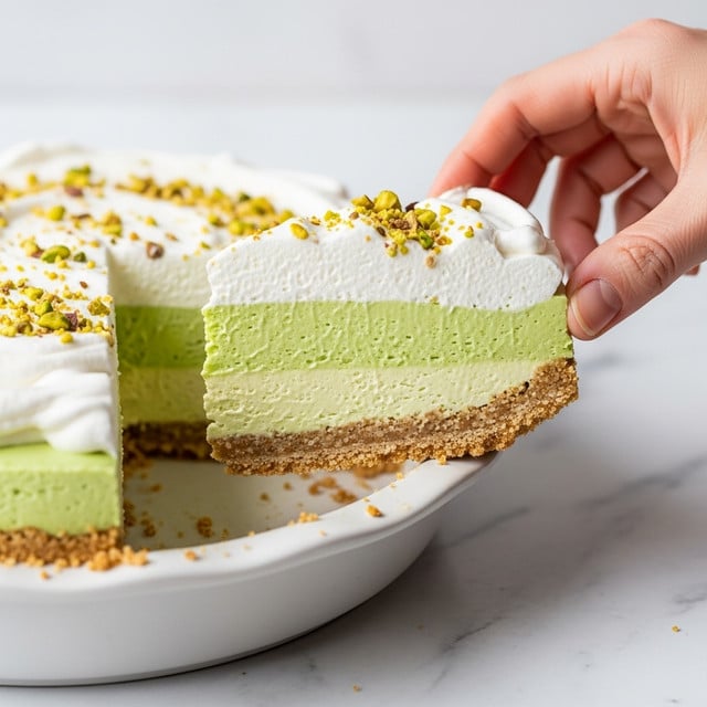 The image shows a slice of pale green pie with three clear layers on a white marbled surface. The pie is in a white dish with a crumbly light brown crust at the bottom layer, a thick smooth pale green middle layer, and a fluffy white top layer with small bits of chopped nuts sprinkled on top. A woman's hand is lifting the slice slightly, revealing the clean cut between the layers. The lighting is soft and natural. photo taken with an iphone --ar 4:5 --v 7