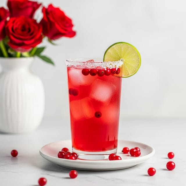 A tall, clear glass filled with a deep red drink, full of small bubbles and floating red seeds, sits centered on a white plate. The rim of the glass is coated with coarse white salt or sugar, and a fresh lime slice is perched on the rim. The background shows bright red roses in a white vase on a white marbled surface, with scattered red seeds around the plate. The scene is well-lit and crisp, giving a fresh and vibrant feel. Photo taken with an iphone --ar 4:5 --v 7