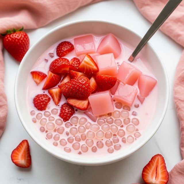 A white bowl filled with a creamy pink drink that contains small translucent tapioca pearls in the base layer, topped with a mix of diced red strawberries and light pink jelly cubes. The jelly cubes are glossy and slightly translucent, sitting on top of the strawberries that are cut into small chunks with visible seeds and bright red color. A shiny metal spoon is placed inside the bowl, resting against the upper right edge. Around the bowl, there are a few pieces of strawberries scattered on soft pink fabric folds, and the whole scene is set on a white marbled surface. photo taken with an iphone --ar 4:5 --v 7
