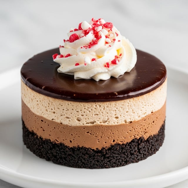 The image shows a close-up of three small layered desserts on a white plate, placed on a white marbled surface. Each dessert has four distinct layers: the bottom layer is dark and crumbly like crushed cookies; above it is a thick, light brown creamy layer with small dark chocolate bits; the third layer is a smooth, shiny dark chocolate glaze covering the top; and on the very top is a generous swirl of white whipped cream sprinkled with small pieces of crushed red candy. The focus is on the middle dessert, which is centered in the frame, creating a rich and inviting look. photo taken with an iphone --ar 4:5 --v 7