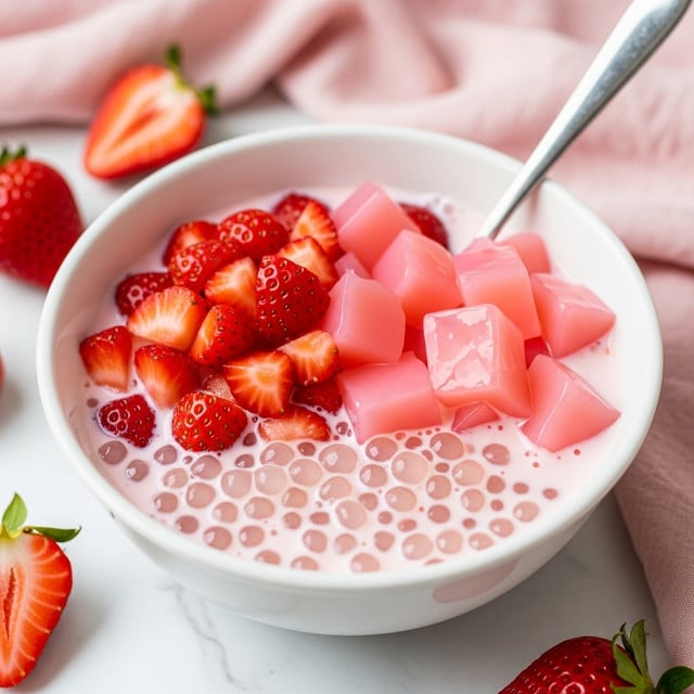 A white bowl filled with a creamy pink liquid base that is softly foamy, layered with small translucent white tapioca pearls throughout the mix. On top, there are cubes of shiny, smooth pink jelly and bright red fresh strawberry pieces with seeds visible, sitting in a small pile at the center. A silver spoon is placed inside the bowl on the right side, angled slightly, partially immersed in the mixture. The bowl rests on a light pink silky fabric backdrop with a couple of whole strawberries and strawberry pieces scattered around. The photo taken with an iphone --ar 4:5 --v 7
