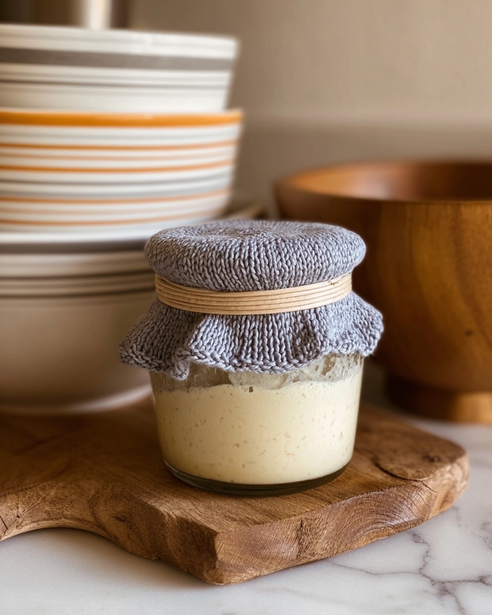 A small clear glass jar filled with light beige creamy sourdough starter. The jar is covered with a textured, knitted grey cloth held tightly by a beige rubber band around the jar's neck. The jar sits on a light brown wooden cutting board with a carved handle, and behind it are stacked white bowls with simple orange and beige stripes. The background surface has a white marbled texture. photo taken with an iphone --ar 4:5 --v 7
