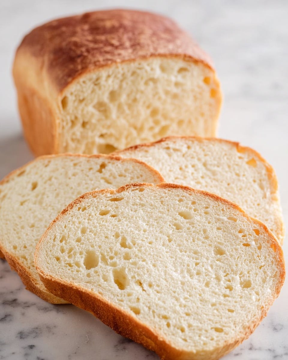 The image shows a loaf of soft white bread partially sliced into three thick pieces, arranged in an overlapping line in front of the rest of the loaf. The bread has a light golden brown crust with a slightly rough texture, while the inside is pale off-white, fluffy, and porous with small air holes spread unevenly. The bread sits directly on a smooth white marbled surface, giving it a clean and fresh look. photo taken with an iphone --ar 4:5 --v 7
