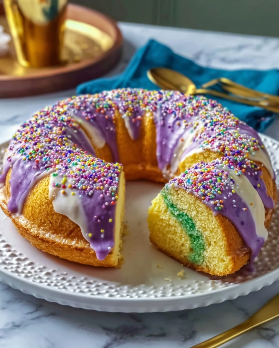 A round cake ring with a thick purple and white glaze on top, decorated with colorful small round sprinkles all over. The cake has a soft yellow outside and a green inside, visible from the slice taken out. The cake sits on a white plate with raised dots around the edges. The plate is on a white marbled surface next to a gold spoon and a blue cloth napkin. In the background, there is a gold cup and a wooden tray. Photo taken with an iphone --ar 4:5 --v 7