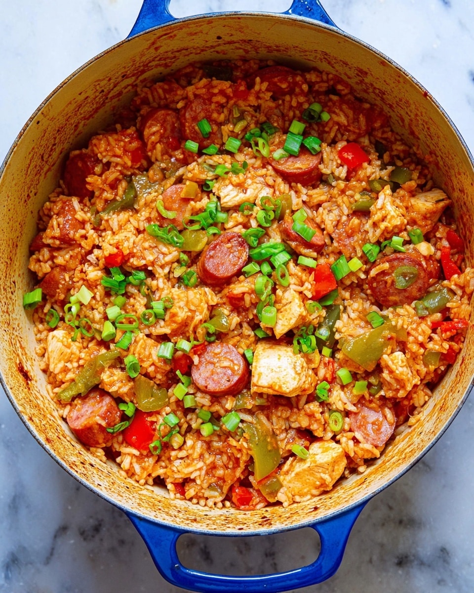 A blue oval pot filled with a colorful dish of cooked rice mixed with diced red and green bell peppers and small pieces of onion. Scattered throughout are chunks of browned, cooked chicken and sliced sausage rounds in a reddish-brown sauce. The dish is garnished with chopped green onions, adding small bright green touches on top. The pot sits on a white marbled surface. photo taken with an iphone --ar 4:5 --v 7