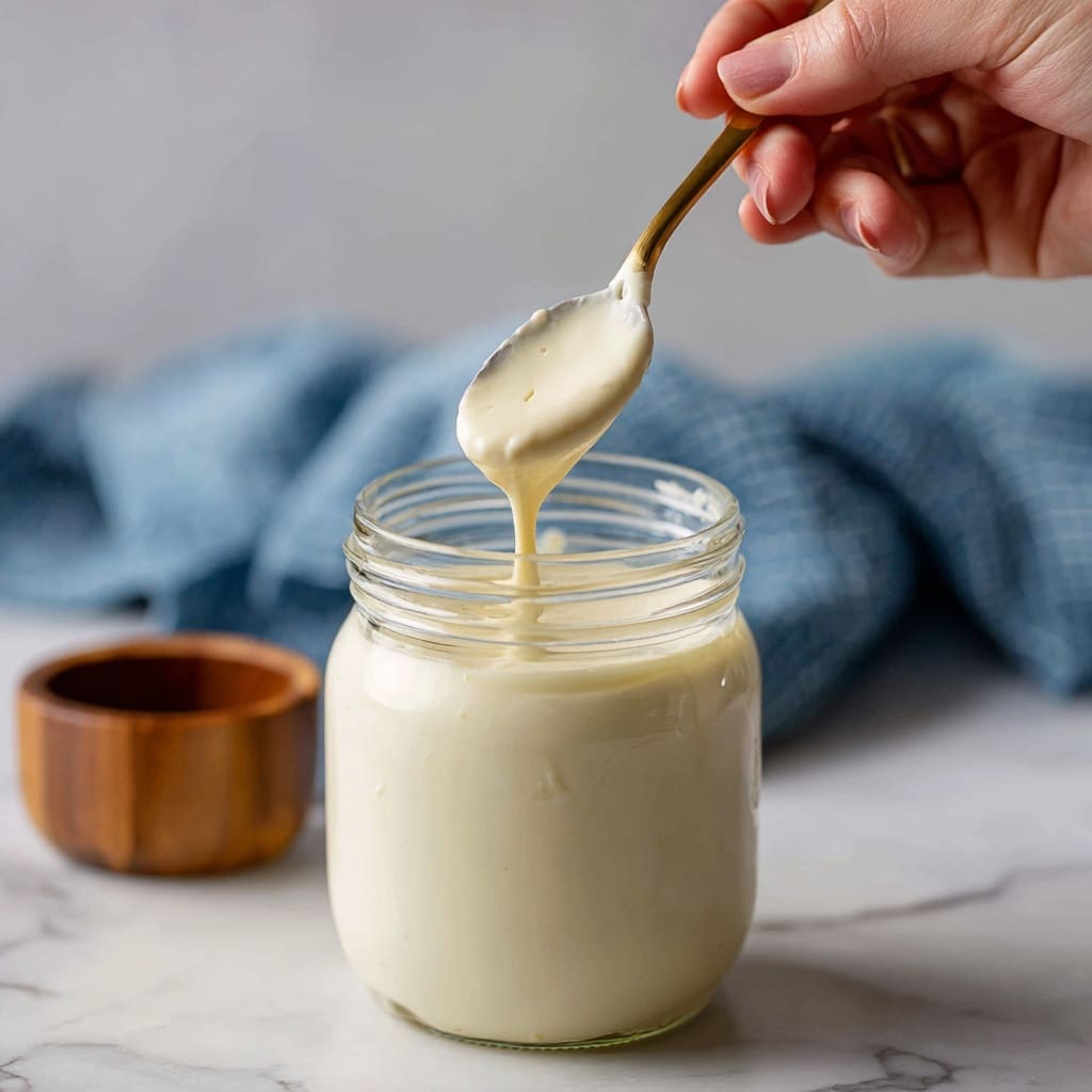 A clear glass jar filled with thick, creamy white sauce. A spoon is lifting some sauce from the jar, showing its smooth and slightly glossy texture. The jar sits on a white marbled surface with a blue cloth blurred in the background. The sauce looks rich and soft, and the overall scene is bright and simple. photo taken with an iphone --ar 4:5 --v 7