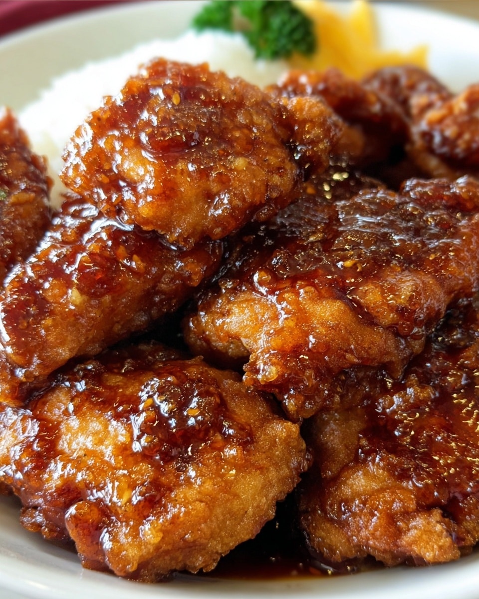A close-up of several pieces of fried chicken coated in a thick, shiny, dark reddish-brown sauce, stacked on top of each other in a white bowl, with a slightly sticky and textured surface showing the glaze's gloss and slight unevenness. Around the chicken pieces, the sauce pools slightly, adding to the rich, glazed look, while the background shows a hint of white rice and a small green garnish blurred out, all placed on a white marbled surface. photo taken with an iphone --ar 4:5 --v 7