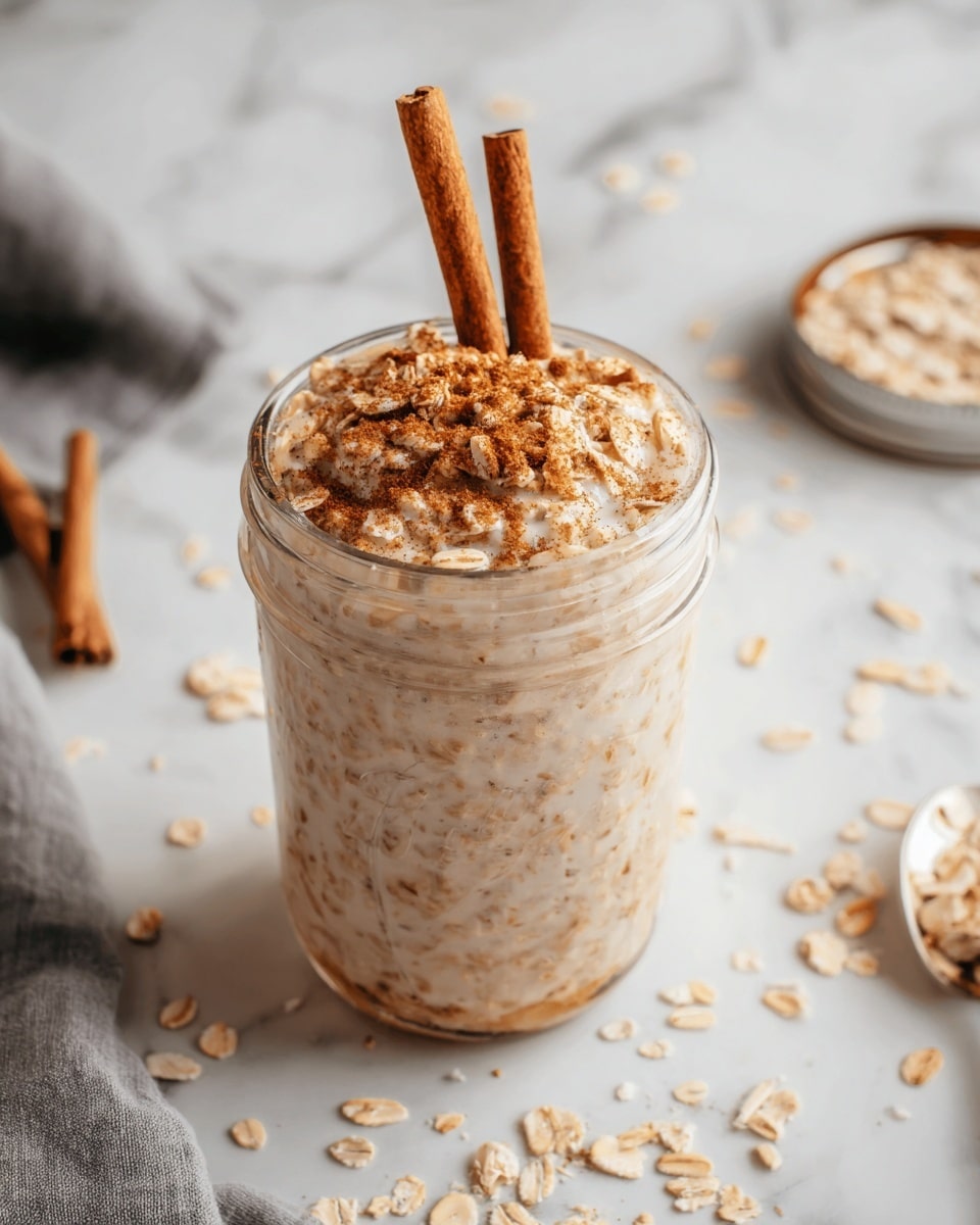 The image shows a tall clear glass jar filled with a creamy beige overnight oats mixture. The oats are visible throughout the jar, giving it a textured look. On top, there is a thick layer of oats mixed with some crunchy granules, sprinkled with cinnamon powder creating a warm brown color on the surface. Two brown cinnamon sticks are standing upright in the center of the jar. The jar is placed on a white marbled surface scattered with loose oats around it, and a white cloth with soft folds is in the background. The jar’s metal lid is off and lying nearby, showing its white inner side. photo taken with an iphone --ar 4:5 --v 7