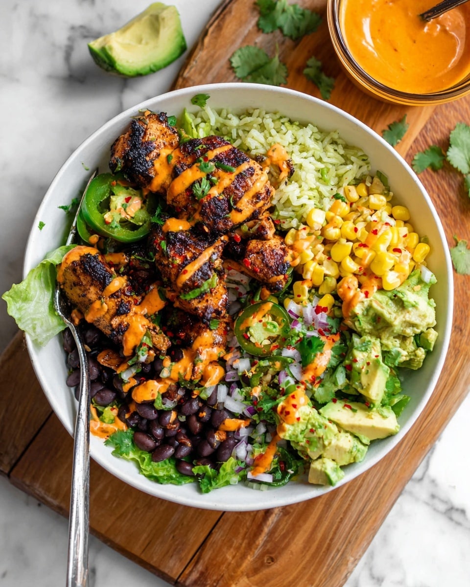 A bowl with several layers starting with fresh green lettuce at the bottom left and white rice mixed with herbs on the right side. Above the greens and rice are black beans, yellow grilled corn kernels, and grilled chicken pieces with a dark char. Large chunks of avocado mixed with red onion and cilantro are spread over the chicken and beans. Thin slices of green jalapeño peppers sit on the rice. The whole bowl is drizzled with an orange spicy sauce and sprinkled with red pepper flakes. A gold fork rests on the right side inside the bowl. The bowl sits on a white marbled surface with a wooden board underneath. Nearby are small white bowls with green herbs and red chili flakes, along with lime wedges and a jar of the orange sauce. photo taken with an iphone --ar 4:5 --v 7