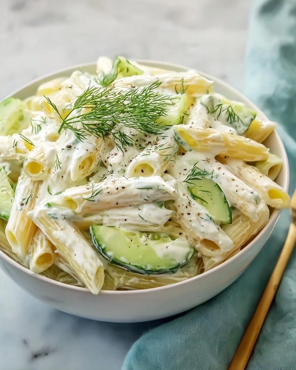 A white bowl filled with creamy pasta salad, showing about three layers of short, tube-shaped penne pasta mixed with small, chunky pieces of bright green cucumber evenly spread throughout. The pasta and cucumber are coated in a thick, white sauce speckled with tiny green dill bits. On top, a small bunch of fresh dill leaves sits in the center, adding a soft, feathery green texture. The bowl rests on a white marbled surface with a soft, light gray cloth nearby and a gold fork partially visible at the side. Photo taken with an iphone --ar 4:5 --v 7