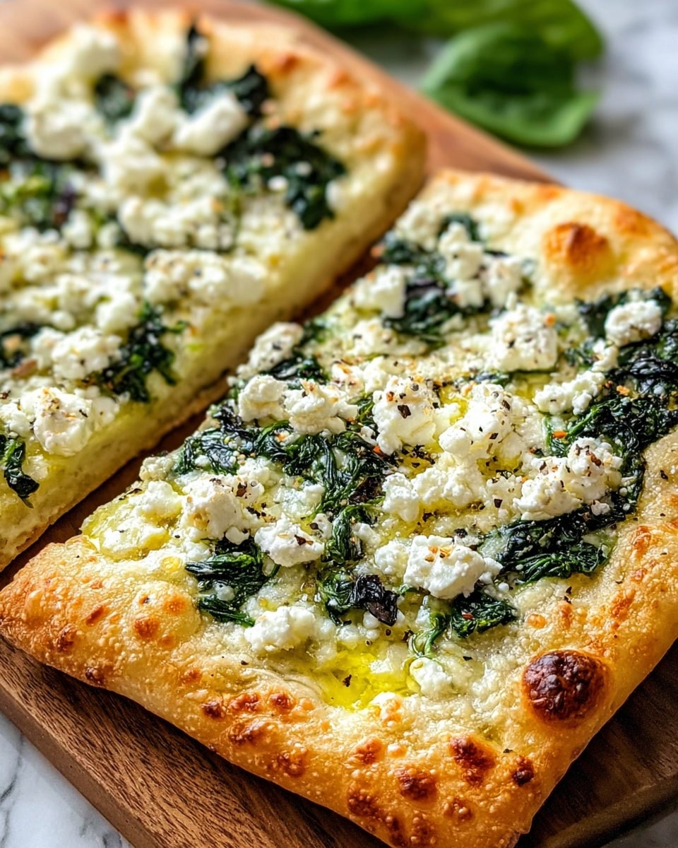The image shows a square pizza with a thick, golden-brown crust that looks soft and slightly puffy. The first layer is melted white cheese spread evenly across the base. On top, there is a layer of cooked dark green spinach leaves that cover most of the cheese. Scattered over the spinach are small chunks of white feta cheese, adding texture and brightness. There is a light drizzle of yellow olive oil shining on top, and a sprinkling of black pepper adding detail. In the background, a few fresh basil leaves add a bright green color on one corner of the pizza. The pizza is placed on a wooden cutting board, all set on a white marbled texture surface. photo taken with an iphone --ar 4:5 --v 7