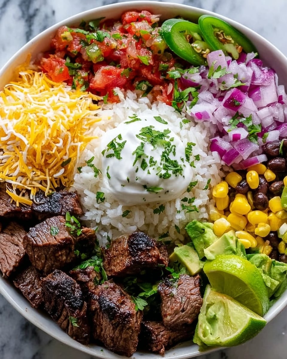 A white bowl filled with layers of colorful ingredients arranged side by side: on the left, dark grilled steak pieces with a charred texture; next to it, shredded bright yellow cheddar cheese; finely chopped purple onions above the cheese; creamy white sour cream topped with chopped green cilantro sitting on a bed of fluffy white rice in the center; below that, bright yellow corn kernels and a vivid red tomato salsa mixed with green herbs; to the right, dark black beans; sliced light green avocado and lime wedges are arranged near the top right edge. The bowl is placed on a white marbled surface, photo taken with an iphone --ar 4:5 --v 7