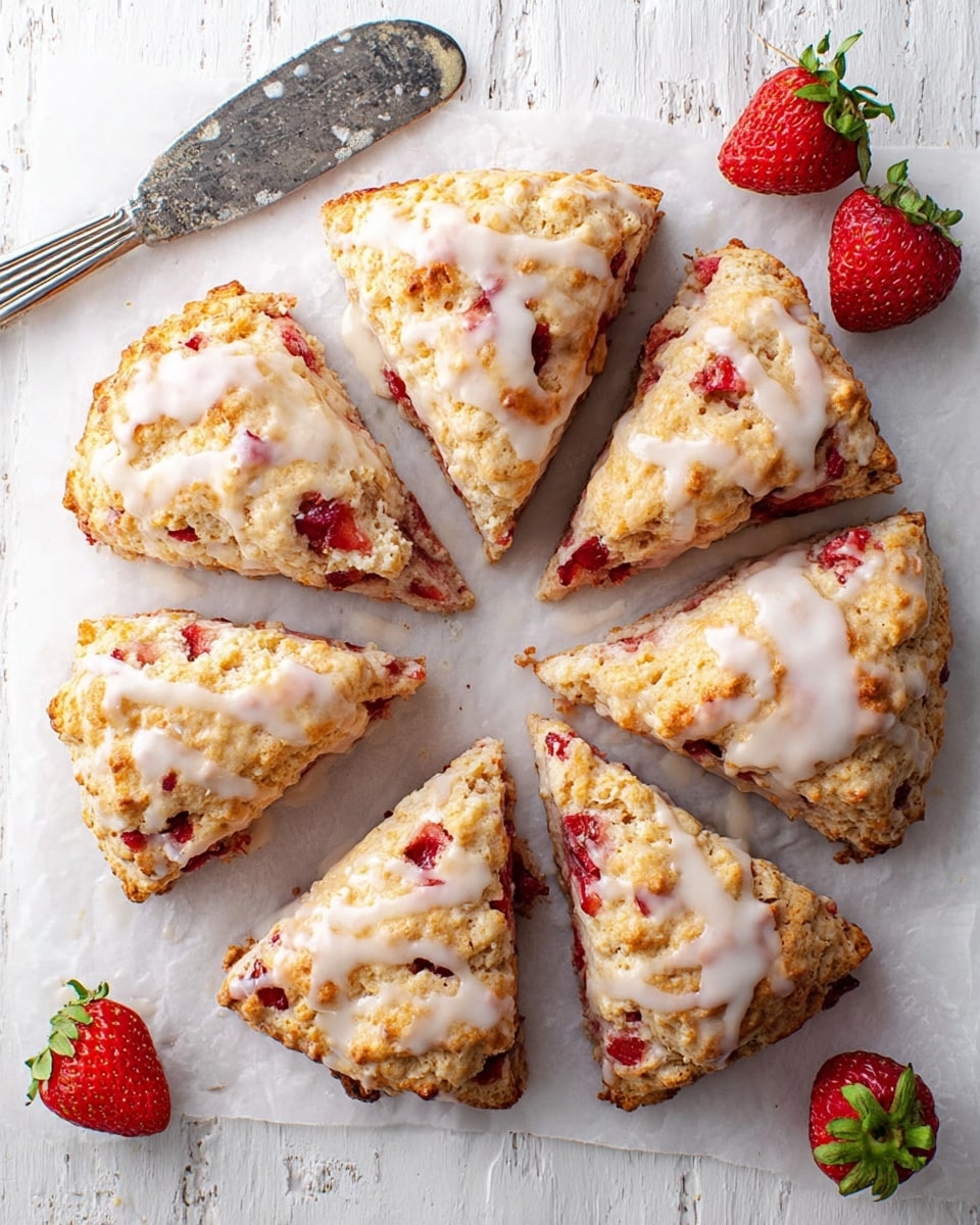 The image shows eight triangular strawberry scones arranged in a circle on white parchment paper. Each scone has a golden-brown crumbly texture with visible pieces of red strawberry within and is topped with a light, glossy white glaze that drips slightly down the sides. Around the scones, there are three fresh strawberries adding a pop of bright red color. At the top of the image, an antique silver knife with some glaze on it lies horizontally on a white wooden surface with a worn, rustic look. The background is a white marbled texture. photo taken with an iphone --ar 4:5 --v 7