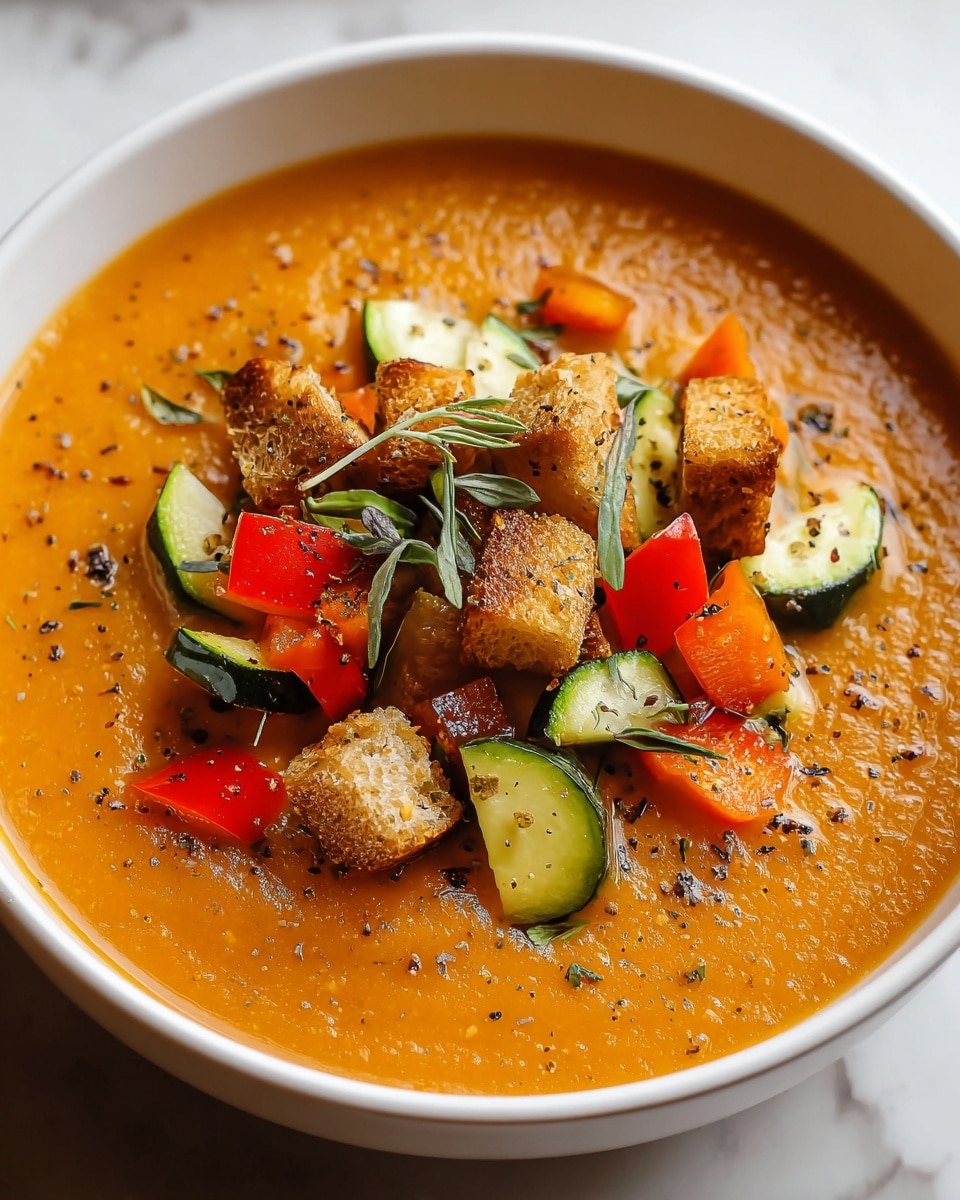 A white bowl filled with thick, smooth orange soup. On top, there is a small pile of diced vegetables including green zucchini, red bell peppers, and light brown croutons. Scattered fresh green herb leaves and a sprinkle of black pepper add texture and color to the dish. The bowl sits on a white marbled surface. photo taken with an iphone --ar 4:5 --v 7