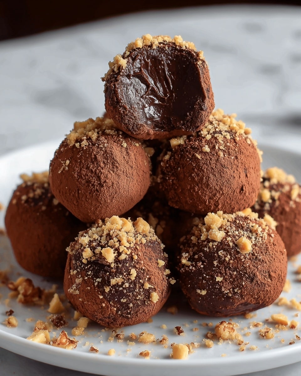 A stack of six round chocolate truffles sits on a white plate placed on a white marbled surface, where one truffle on top is cut in half, showing a smooth, glossy, and rich dark brown chocolate center with a slightly wet texture; all truffles are coated in a matte cocoa powder layer, and small light beige and brown nut pieces are sprinkled on top and around them, adding crunchy texture contrast. Photo taken with an iphone --ar 4:5 --v 7