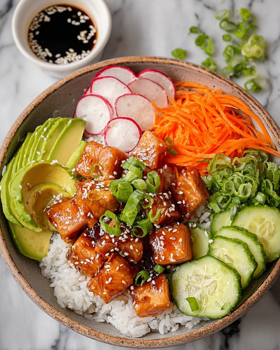 A gray bowl filled with layers starting with white rice at the base. On top, there are neatly arranged pieces of glossy, brown glazed salmon sprinkled with white sesame seeds and chopped green onions. To the left, thin slices of green avocado fan out, next to bright green chopped scallions. Above the salmon, thin slices of white radish with red edges are arranged in a row beside a small pile of shredded orange carrots. On the right side, thin, translucent slices of cucumber fan out neatly. The bowl is on a white marbled surface with a small gray dish filled with dark soy sauce and sesame seeds in the background. Photo taken with an iphone --ar 4:5 --v 7