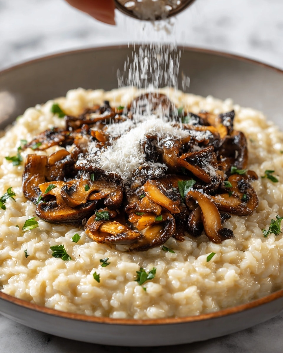 A close-up of a creamy risotto served in a white pan, showing a thick layer of soft, pale yellow risotto with visible grains of rice forming the base. On top, there is a generous layer of sautéed mushrooms, golden brown and slightly crispy, scattered unevenly in the center. Finely chopped green herbs sprinkle around the mushrooms and on the risotto, adding small pops of color. A woman’s hand is sprinkling finely grated white cheese, falling gently over the mushrooms and risotto, creating a light dusting effect. The background is a white marbled texture, giving a clean, bright look. photo taken with an iphone --ar 4:5 --v 7