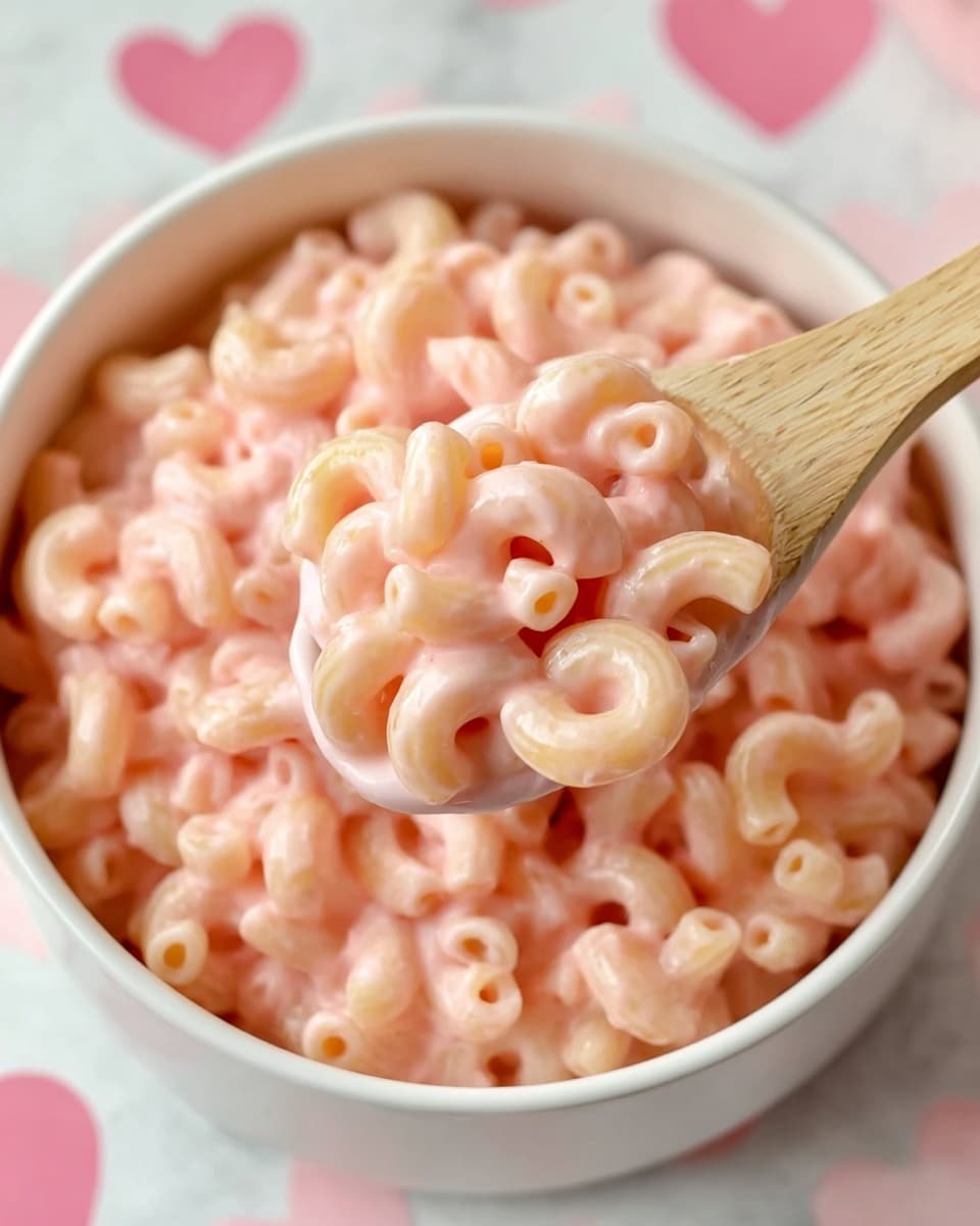 A close-up of a white bowl filled with elbow macaroni pasta coated in a smooth, pink creamy sauce. The pasta pieces are soft and plump, with a slight glossy texture showing the sauce's thickness. A wooden spoon holds a scoop of the mac and cheese, with the macaroni tightly packed and covered evenly by the pink sauce. The background has subtle pink heart shapes and a white marbled surface. photo taken with an iphone --ar 4:5 --v 7