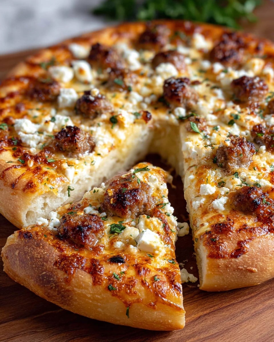 A close-up view of a round pizza with a thick golden-brown crust, placed on a wooden board over a white marbled texture. The pizza has a base layer of melted cheese that is golden and slightly browned at spots. On top, there are small browned sausage pieces scattered evenly, along with crumbled white cheese that looks soft and creamy. Fresh green herbs are sprinkled lightly over the entire pizza for a pop of color. One slice is slightly pulled away, showing the thick, fluffy inside of the crust. Photo taken with an iphone --ar 4:5 --v 7