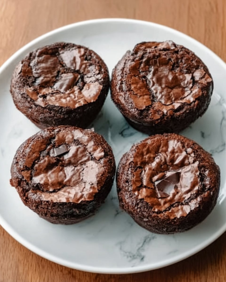 Four chocolate muffins with cracked tops showing melted chocolate chips are placed closely together on a round white plate. The muffins have a rich dark brown color with a slightly shiny and chunky surface texture. The plate sits on a white marbled surface, giving a clean and light background that contrasts with the deep tones of the muffins. photo taken with an iphone --ar 4:5 --v 7