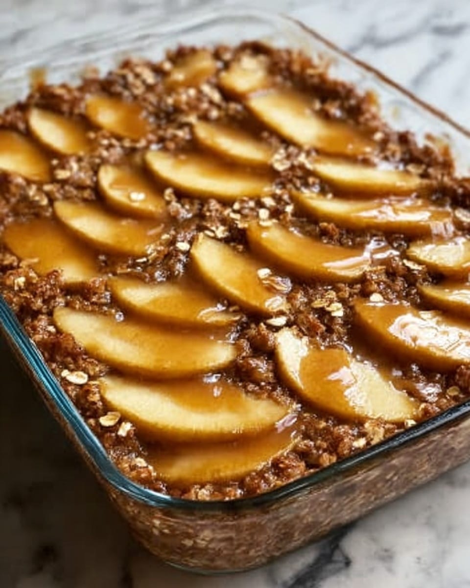 A clear glass baking dish filled with a baked dessert showing three visible layers: the bottom layer is soft and light brown, the middle layer consists of sliced apple wedges with smooth pale yellow skin placed evenly across the dish, and the top layer is a chunky crumbly mixture of oats and brown sugar that looks slightly glossy from syrup or glaze. The dessert is on a white marbled surface. photo taken with an iphone --ar 4:5 --v 7