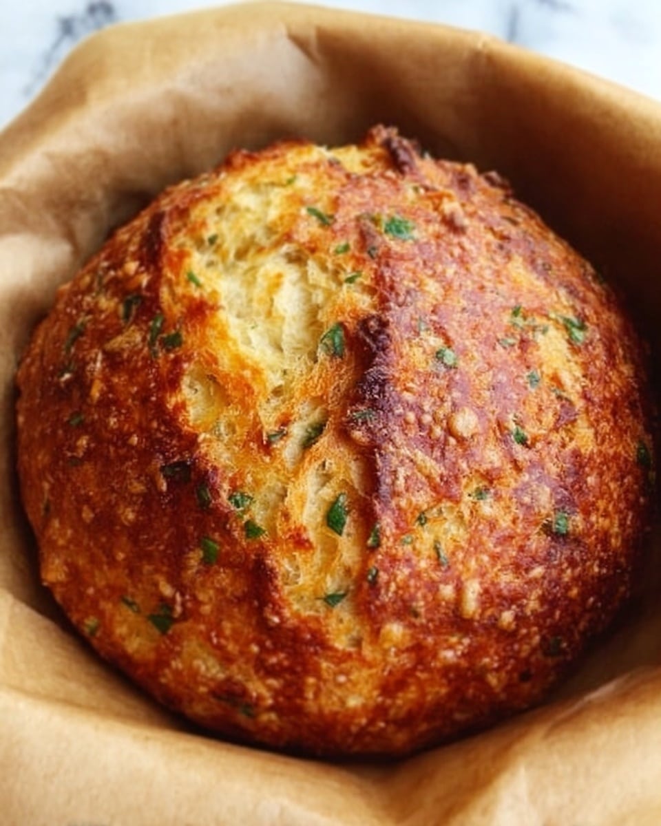 A golden-brown round loaf of bread with a crispy, crackled crust sits inside a white paper liner. The top of the bread shows textured browning with small green herb specks sprinkled lightly across the surface, and a deep crack runs across the middle, revealing soft, fluffy inside. The bread appears freshly baked with a crunchy texture on the outside and a soft interior peeking through. The image is set on a white marbled texture. Photo taken with an iphone --ar 4:5 --v 7