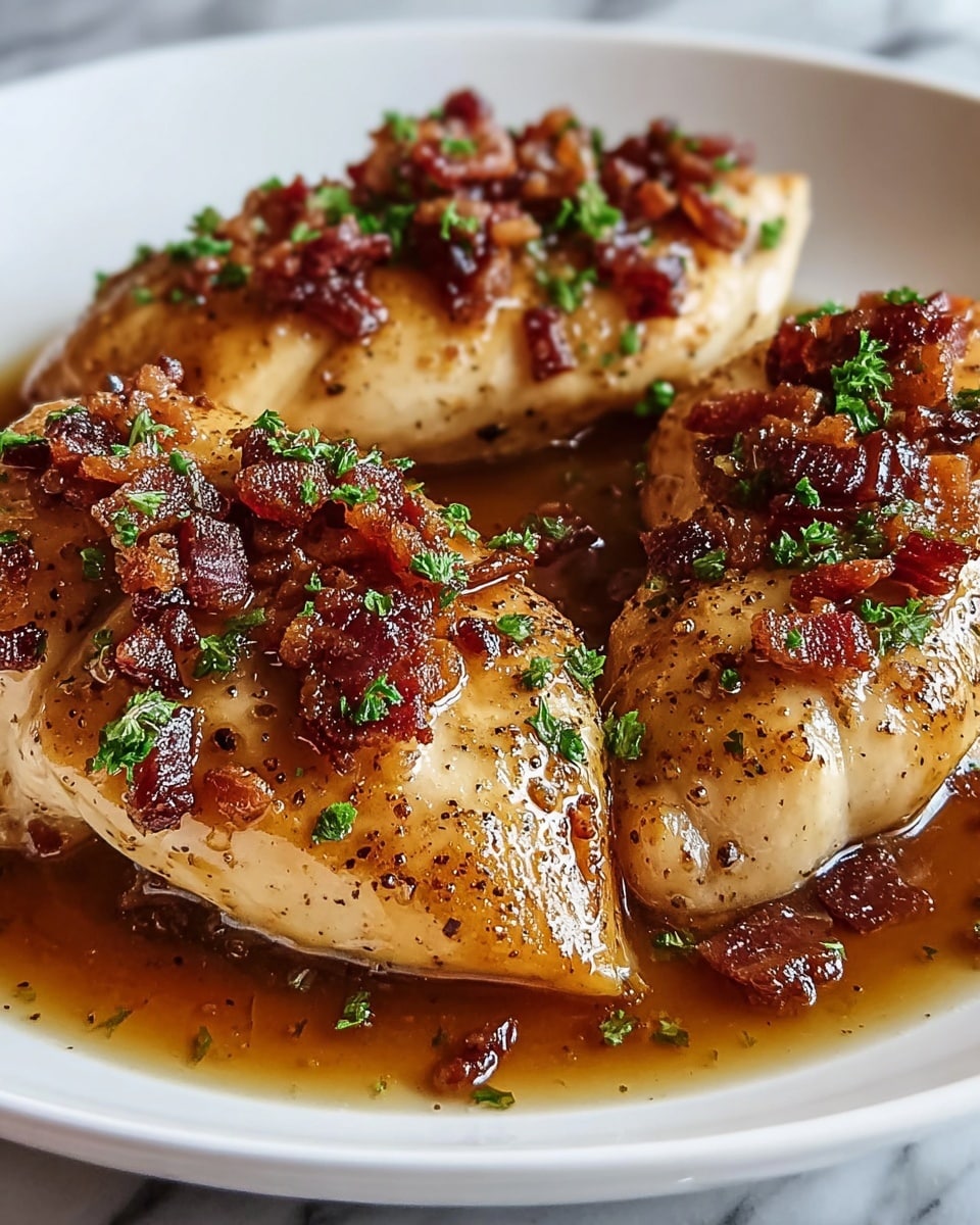 The image shows three pieces of golden brown fish fillets placed closely together on a white plate, each fillet coated with a shiny, slightly thick brown sauce that pools a bit on the plate. On top of each fillet are small crispy pieces of dark brown bacon mixed with chunks that have a lighter golden color. Tiny green herb bits are scattered over the fish and sauce, adding a fresh contrast to the rich colors. The textures range from smooth and moist on the fish to crunchy on the bacon pieces. The dish is set against a white marbled surface, making the warm colors of the food stand out. photo taken with an iphone --ar 4:5 --v 7