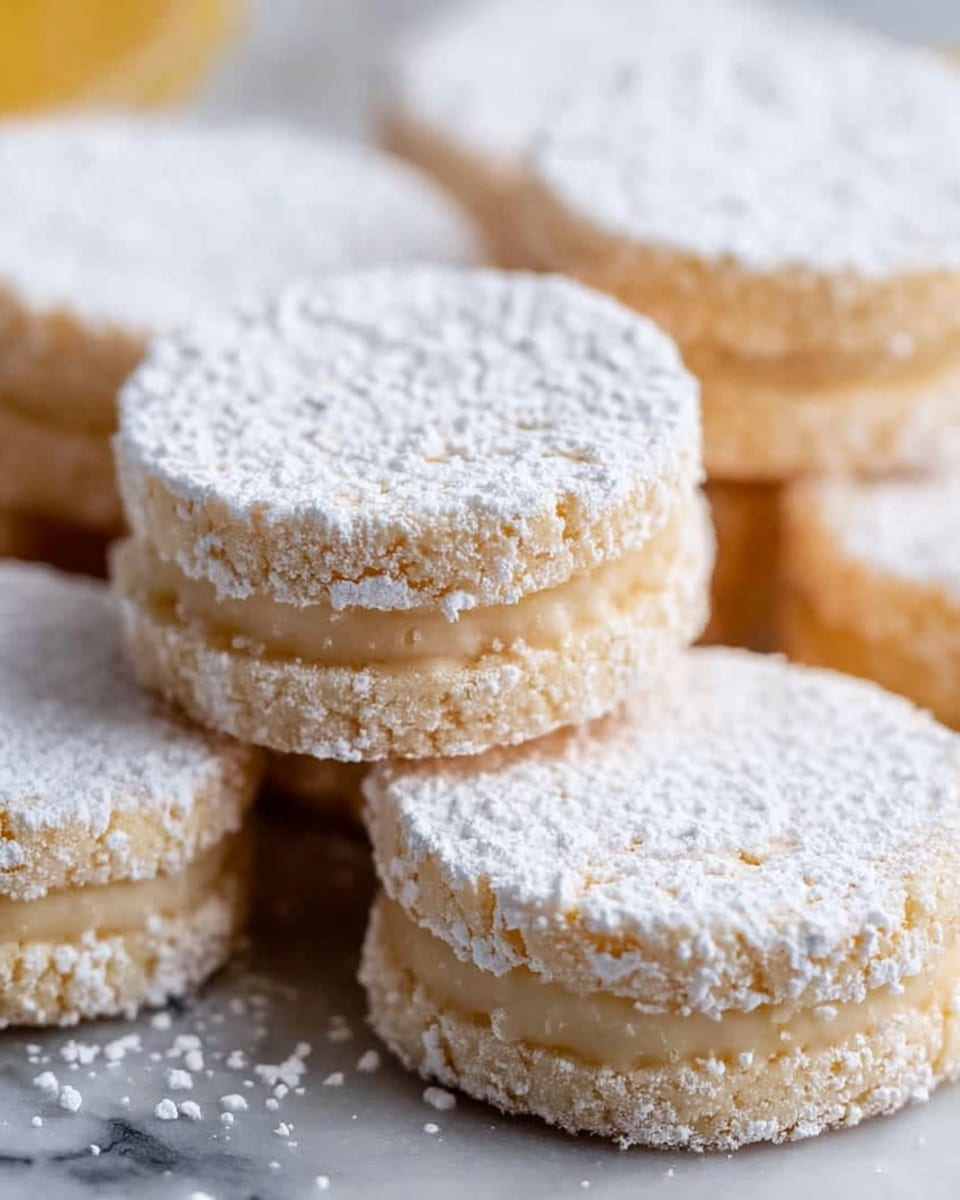 The image shows a stack of round shortbread cookies on a white marbled surface. Each cookie is composed of a single layer of pale beige dough with a soft, crumbly texture. The tops of the cookies are covered with a thick dusting of white powdered sugar that looks light and fine. The cookies are stacked unevenly, some leaning against each other, creating a casual, homemade look. Photo taken with an iphone --ar 4:5 --v 7