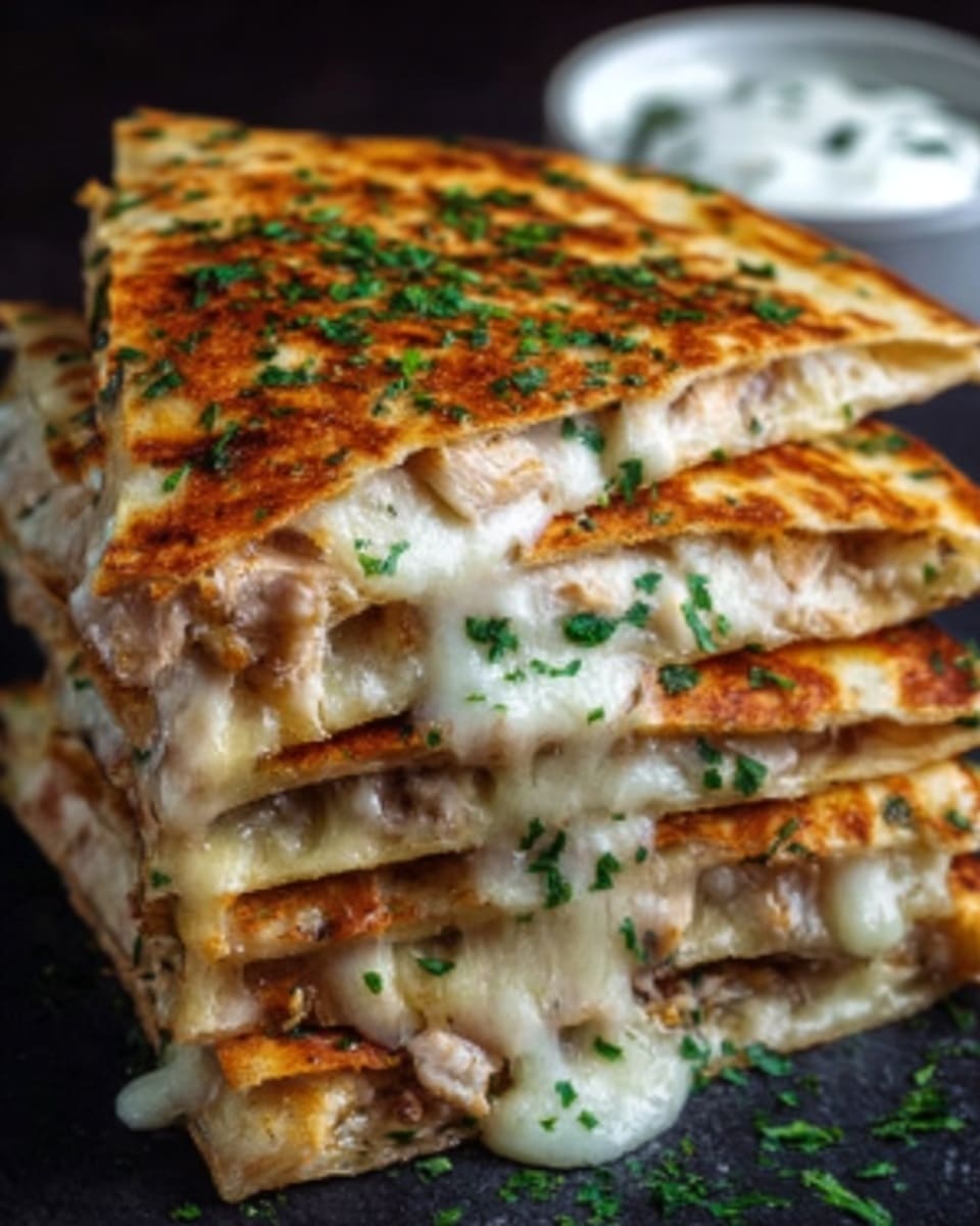 A stack of four golden-brown quesadilla slices arranged in a fan shape on a white plate, each slice showing a crispy outer layer with melted cheese oozing out from between the soft, warm tortillas; bits of green herbs and melted cheese peek from the edges, while a creamy white sauce with green specks sits partly visible beside the stack. The background is a white marbled texture. Photo taken with an iphone --ar 4:5 --v 7