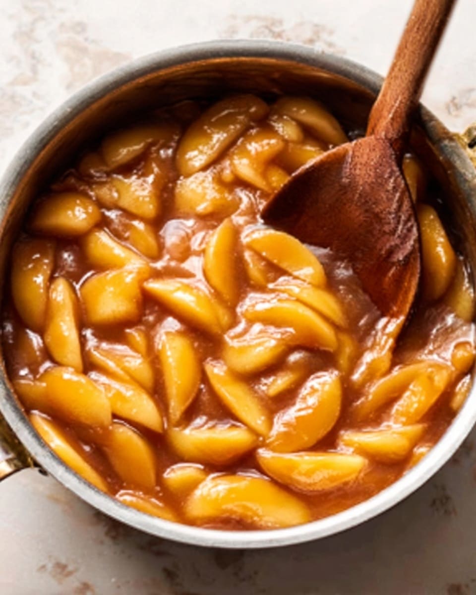 The image shows a white pot filled with several small, smooth, elongated rice cakes soaking in a thick, glossy brown sauce. The rice cakes are slightly curved and partly covered by the shiny sauce that has a rich, syrupy texture. A wooden spoon rests inside the pot, lifting some of the rice cakes, with the tip partly submerged in the sauce. The scene is set on a white marbled surface. Photo taken with an iphone --ar 4:5 --v 7