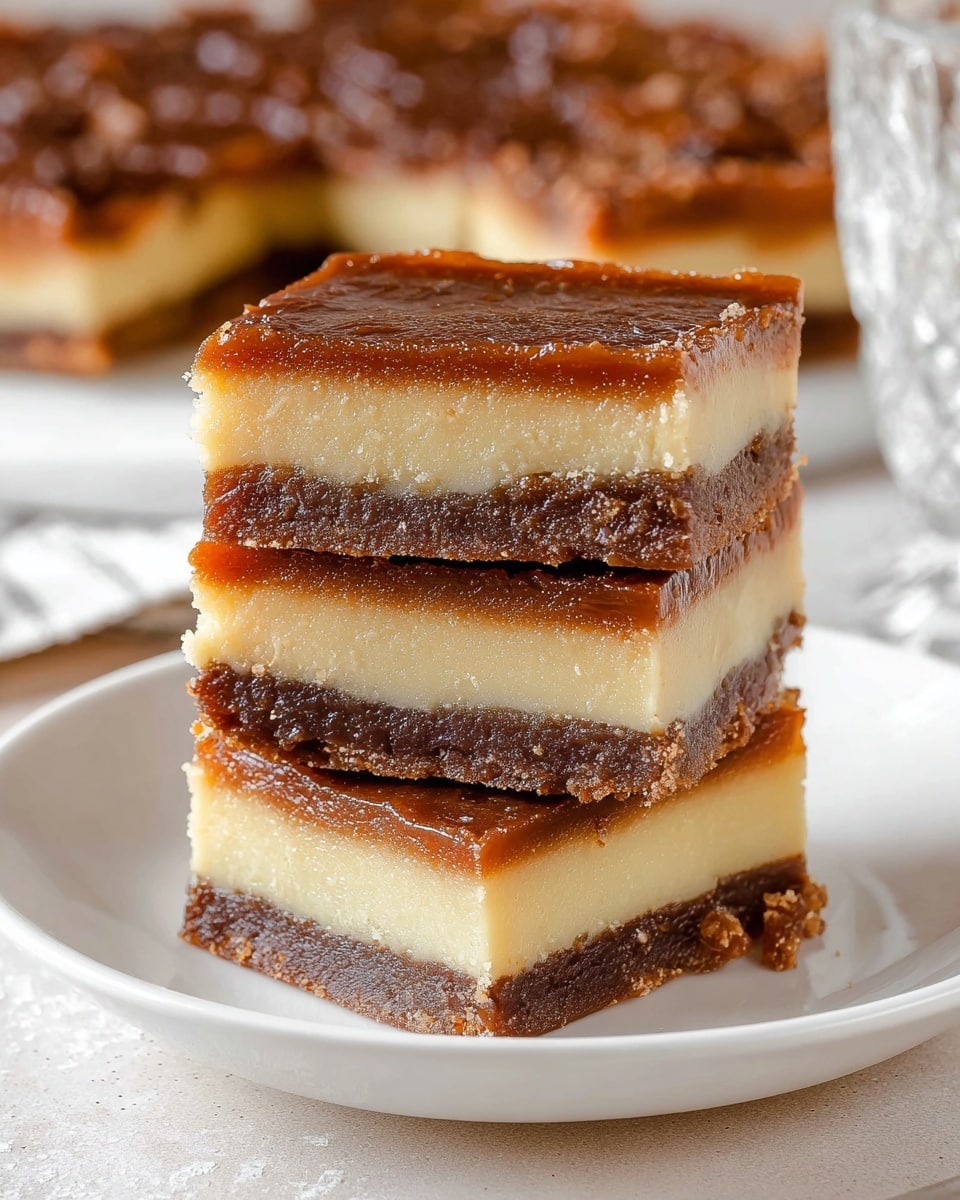 Three square bars are stacked on a white plate with a slightly raised dotted edge, placed on a white marbled surface. Each bar has two visible layers: a thick bottom layer in pale beige that looks smooth and firm, topped with a thicker dark brown layer that is glossy and sticky, showing a slightly textured and uneven top with hints of melted chocolate and small nuts. The bars look rich and dense, with a contrast between the light base and the dark sweet top. Photo taken with an iphone --ar 4:5 --v 7